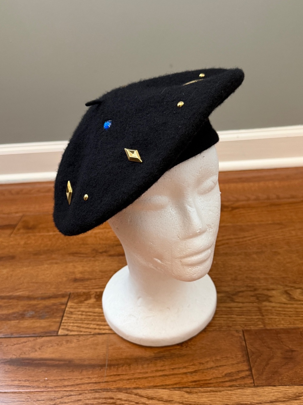 Vintage- Black Lambswool Beret with Gold/Blue/Red Studs